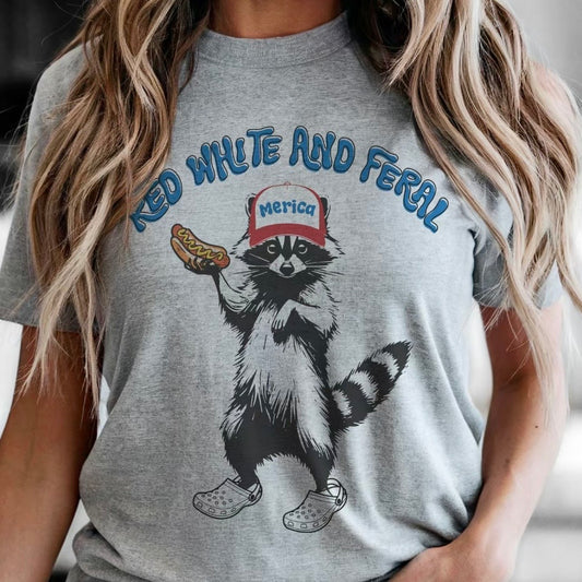 USA Red White Feral Racoon Graphic T-Shirt Sweatshirt Hoodie