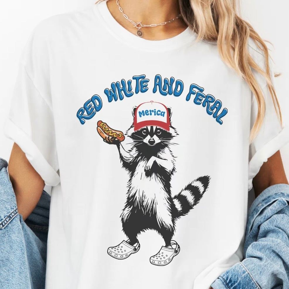 USA Red White Feral Racoon Graphic T-Shirt Sweatshirt Hoodie