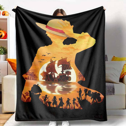 Sunset Pirate Ship Silhouette Cartoon Flannel Blanket